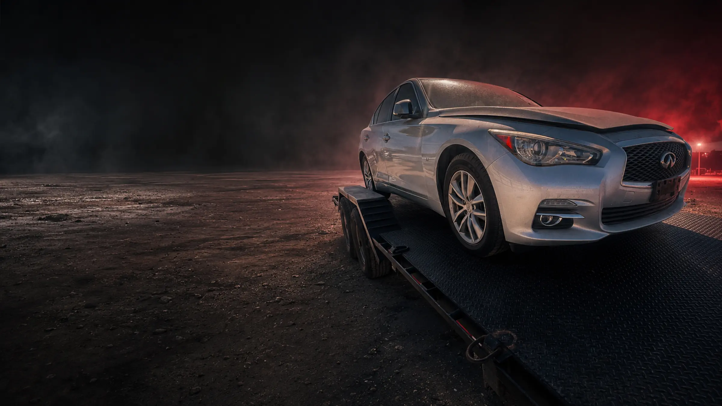 The silver 2015 Infiniti Q50 arriving dirty on a trailer at night